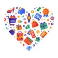 Sale and Shopping Heart Shape Arrangement with Flat and Colorful Icon Vector Template Royalty Free Stock Photo