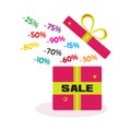 Sale. Shopping. Open gift box with different discounts. Vector illustration