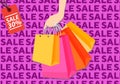 Sale shopping poster with hand holding shop bags