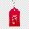 25% Sale shopping tag. Vector isolated icon on transparent background. Sign for label, price, best offer, advertisement