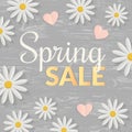 Sale sign with flat flowers over wooden table. Springtime concept. Vector illustration