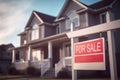 For Sale sign in front of blurry residential home building. Generative AI illustration Royalty Free Stock Photo