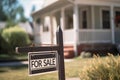 For Sale sign in front of blurry residential home building. Generative AI Royalty Free Stock Photo