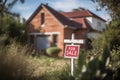 For Sale sign in front of blurry residential home building. Generative AI Royalty Free Stock Photo