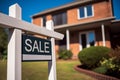 For Sale sign in front of blurry residential home building. Generative AI Royalty Free Stock Photo