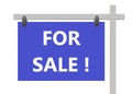 A for sale signage with white font blue board white backdrop