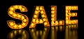 Sale signboard from golden light bulb letters, retro glowing font. 3D rendering