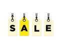 Sale signboard isolated on white background, labels hanging on ropes. For banner ads
