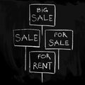 Sale signs on a chalkboard/set