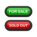 For Sale or Sold Out green or red realistic 3D button isolated on white background. Hand clicked. Vector illustration. Royalty Free Stock Photo