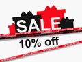 Sale special offer 10% off. Sale tape ribbon and gift boxes on white background. Black friday design for promotional items, Royalty Free Stock Photo