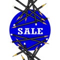 Sale Sticker. Blue Background. Pencils Illustration.