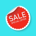 Sale sticker icon isolated on a blue background. Red color special offer, discount tag. Simple realistic design. Flat style vector Royalty Free Stock Photo
