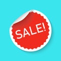 Sale sticker icon isolated on a blue background. Red color special offer, discount tag. Simple realistic design. Flat style vector Royalty Free Stock Photo