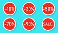 Sale sticker icon isolated on a blue background. Red color special offer, discount tag. Simple realistic design. Flat style vector Royalty Free Stock Photo