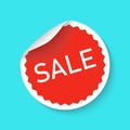 Sale sticker icon isolated on a blue background. Red color special offer, discount tag. Simple realistic design. Flat style vector Royalty Free Stock Photo