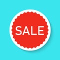 Sale sticker icon isolated on a blue background. Red color special offer, discount tag. Simple realistic design. Flat style vector Royalty Free Stock Photo