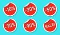 Sale sticker icon set isolated on a blue background. Red color special offer, discount tag. Simple realistic design. Flat style Royalty Free Stock Photo