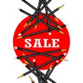 Sale Sticker. Red Background. Pencils Vector Illustration.