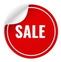 Sale sticker. Red round promotional element with white letters and curled corner, realistic shadow, marketing promotion