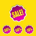 Sale sticker for shop. Discount label. Pink sticker with yellow letters.