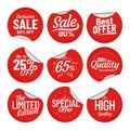 Sale sticker. Shopping tag label, red on sale stickers with bent edge and price off labels isolated vector set Royalty Free Stock Photo