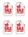 Sale stickers set with shopping basket. Sale stickers 15%, 25%, 35%, 45% off Royalty Free Stock Photo