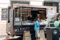 Sale of street food with a truck equipped for trade. Muenster, Germany.