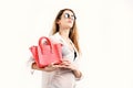 Sale and style concept. Woman with fancy female bag. Royalty Free Stock Photo