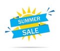 Sale summer banner. Sun background for hot offer. Design flyer and tag for special discount. Yellow and blue poster for promotion