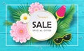 Sale gift card sign poster wallpaper flyer tropical background with flowers palm tree leaves, ice cream, sunglasses, template Royalty Free Stock Photo