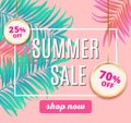 Sale summer promo template banner. Elegant pink, cyan colors. Design template with modern bright neon palm leaves. Super Royalty Free Stock Photo