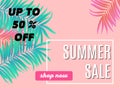 Sale summer promo template banner. Elegant pink, cyan colors. Design template with modern bright neon palm leaves. Super Royalty Free Stock Photo