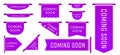 Sale tag ribbon coming soon promotion announcement set. Purple realistic three-dimensional badge