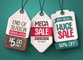 Sale tag vector set. Paper price tags with discount sale text hanging Royalty Free Stock Photo