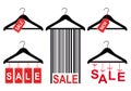 Sale tags on clothes hanger, vector set