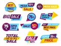 Sale tags. Retail sales stickers, promotion price label and store pricing banner sticker isolated vector set Royalty Free Stock Photo