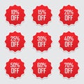 Sale tags set vector badges template, 10 off, 15 %, 20, 25, 30, 40, 50, 60, 70 percent sale label symbols, discount promotion flat Royalty Free Stock Photo