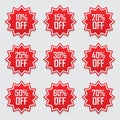 Sale tags set vector badges template, 10 off, 15 %, 20, 25, 30, 40, 50, 60, 70 percent sale label symbols, discount promotion flat Royalty Free Stock Photo