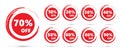 Sale tags set vector badges template, up to 10, 20, 30, 40, 50, 60, 70, 80, 90percent off. Red price sticker vector.