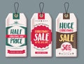 Sale tags vector set and labels for Christmas season hanging in white paper Royalty Free Stock Photo
