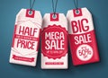 Sale tags vector set. White paper price tags with mega sale and discount text Royalty Free Stock Photo