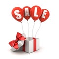 Sale text on red balloons with open gift box or present box with red ribbon and bow isolated on white background