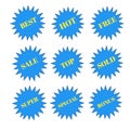 Sale, top, sold, bonus stickers blue star and golden letters icon 3d brand and productions advertising