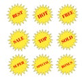 Sale, top, sold, bonus stickers golden star and red letters icon 3d brand and productions advertising