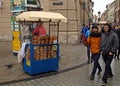 Obwarzanek stand Salted bread rolls in a street of Krakow.