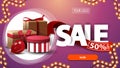 Sale, up to 50% off, pink discount banner for website with gift boxes