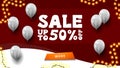 Sale, up to 50% off, red banner with white balloons Royalty Free Stock Photo