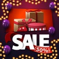 Sale, up to 50% off, square purple discount banner with large letters and gift boxes