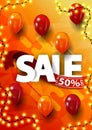 Sale, up to 50% off, vertical orange banner with large letters, red ribbon and balloons Royalty Free Stock Photo